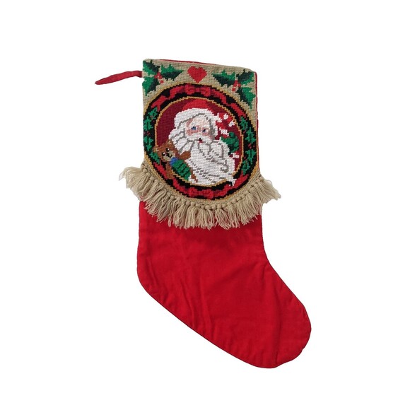 Vintage Needlepoint Santa Stocking Fringe Red Velvet Back Teddy Bear Christmas - Picture 1 of 6